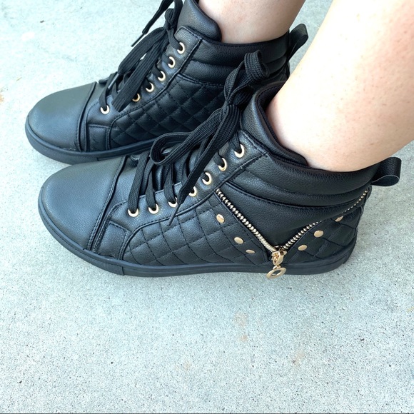 Brand New Black Fashion Zipper Quilted Lace Up Sneakers - Picture 4 of 7